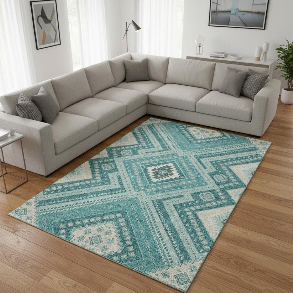 HomeRoots 8' X 10' Teal Beige Aqua Tribal Area Rug - Washable, UV Protected, Perfect for High-Traffic Spaces! 679316
