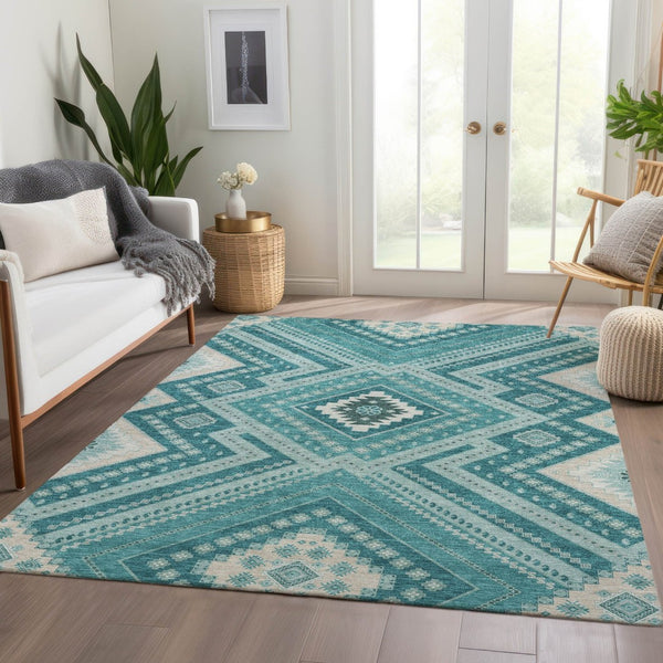 HomeRoots 8' X 10' Teal Beige Aqua Tribal Area Rug - Washable, UV Protected, Perfect for High-Traffic Spaces! 679316