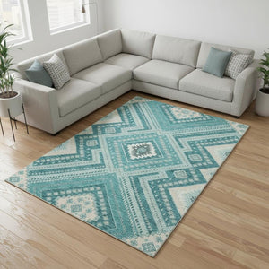 HomeRoots 9' X 12' Teal Beige Aqua Tribal Area Rug - UV Protected, Washable, Durable for High-Traffic Spaces 679317