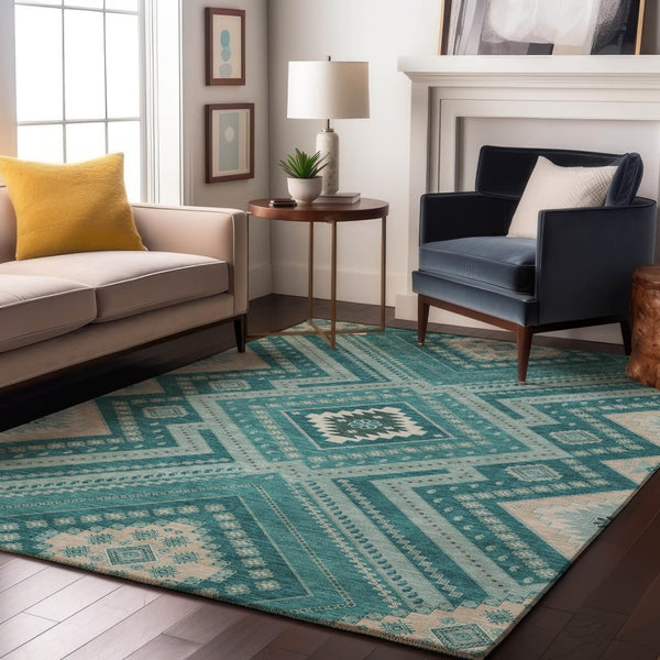 HomeRoots 9' X 12' Teal Beige Aqua Tribal Area Rug - UV Protected, Washable, Durable for High-Traffic Spaces 679317
