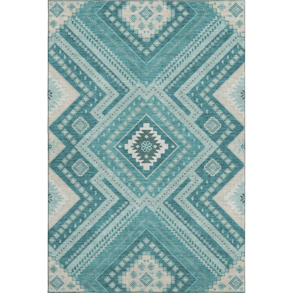 HomeRoots 9' X 12' Teal Beige Aqua Tribal Area Rug - UV Protected, Washable, Durable for High-Traffic Spaces 679317