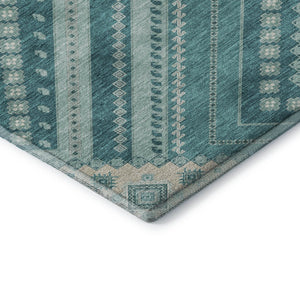 HomeRoots 9' X 12' Teal Beige Aqua Tribal Area Rug - UV Protected, Washable, Durable for High-Traffic Spaces 679317