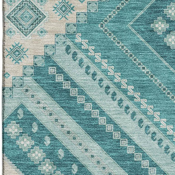 HomeRoots 9' X 12' Teal Beige Aqua Tribal Area Rug - UV Protected, Washable, Durable for High-Traffic Spaces 679317