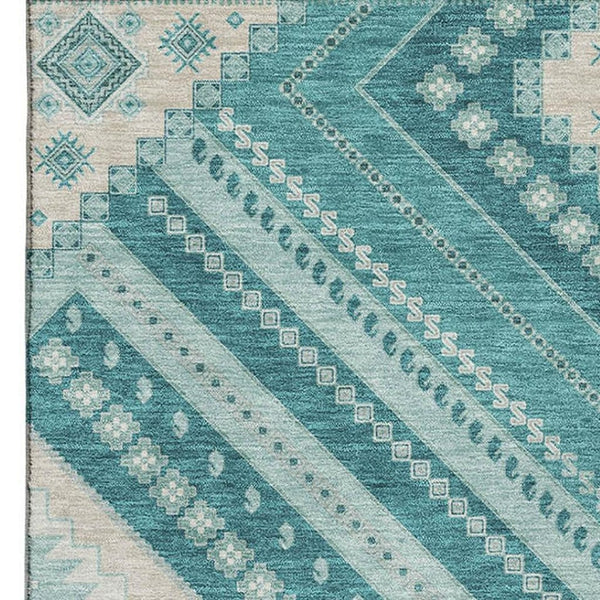 HomeRoots 9' X 12' Teal Beige Aqua Tribal Area Rug - UV Protected, Washable, Durable for High-Traffic Spaces 679317