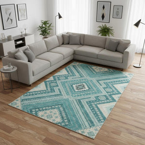HomeRoots 10' Stylish Teal Beige Aqua Tribal Washable Area Rug with UV Protection – Durable & Easy Care! 679318