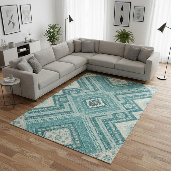 HomeRoots 10' Stylish Teal Beige Aqua Tribal Washable Area Rug with UV Protection – Durable & Easy Care! 679318