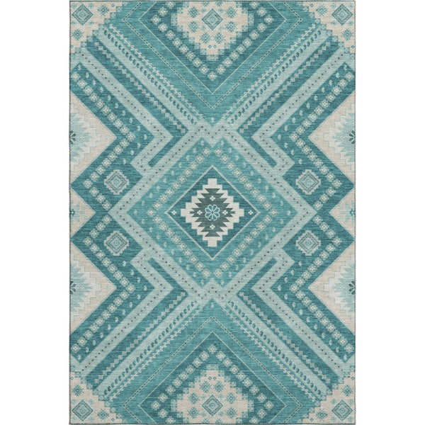 HomeRoots 10' Stylish Teal Beige Aqua Tribal Washable Area Rug with UV Protection – Durable & Easy Care! 679318