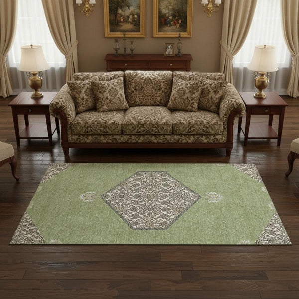 HomeRoots 5' X 8' Artichoke Green Beige Gray Oriental Area Rug - Washable, UV Protected, Stain Resistant Design 679320