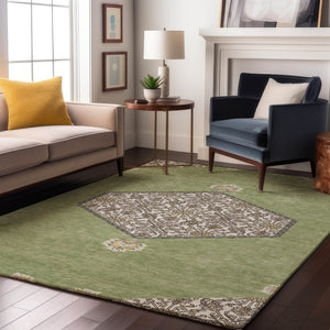 HomeRoots 5' X 8' Artichoke Green Beige Gray Oriental Area Rug - Washable, UV Protected, Stain Resistant Design 679320