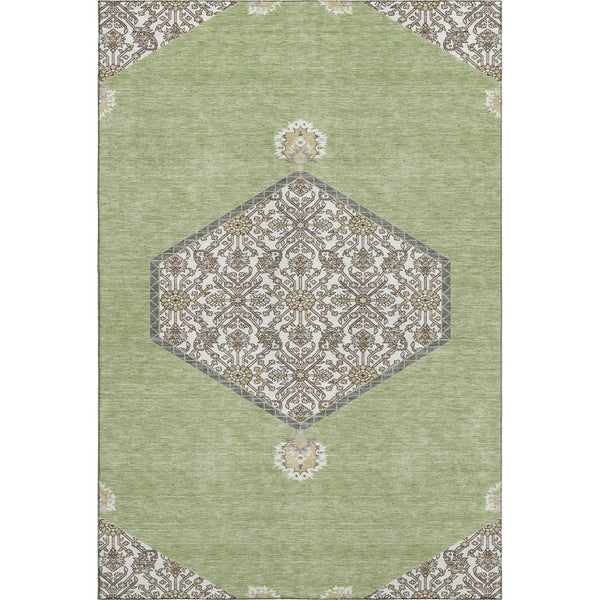 HomeRoots 5' X 8' Artichoke Green Beige Gray Oriental Area Rug - Washable, UV Protected, Stain Resistant Design 679320