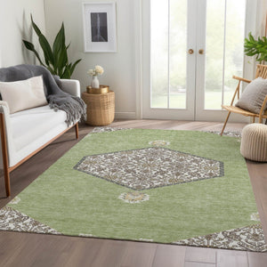 HomeRoots 5' X 8' Artichoke Green Beige Gray Oriental Area Rug - Washable, UV Protected, Stain Resistant Design 679320