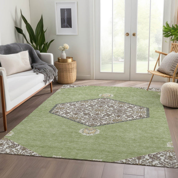 HomeRoots 5' X 8' Artichoke Green Beige Gray Oriental Area Rug - Washable, UV Protected, Stain Resistant Design 679320