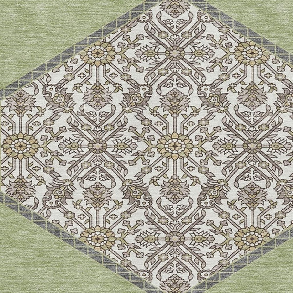 HomeRoots 5' X 8' Artichoke Green Beige Gray Oriental Area Rug - Washable, UV Protected, Stain Resistant Design 679320