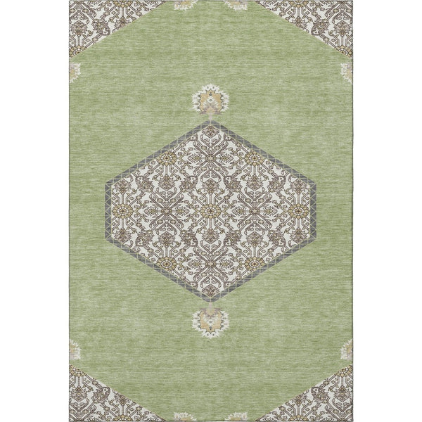 HomeRoots 5' X 8' Artichoke Green Beige Gray Oriental Area Rug - Washable, UV Protected, Stain Resistant Design 679320
