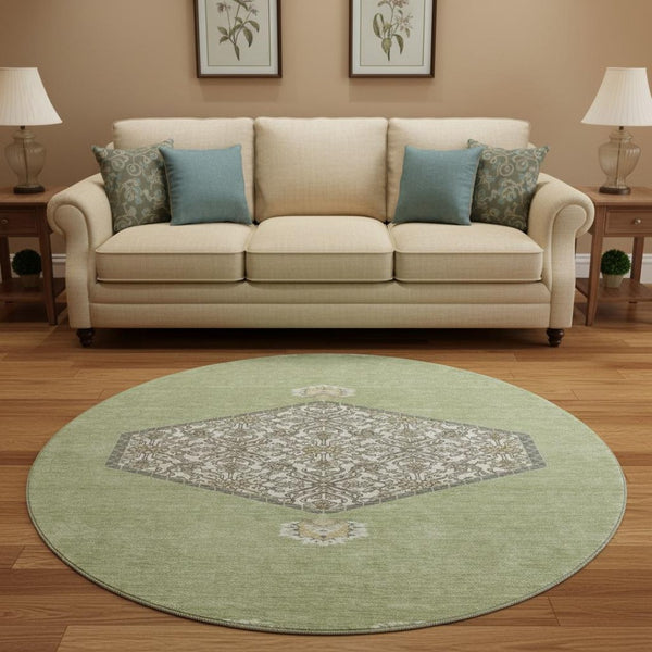 HomeRoots 8' Artichoke Green Beige and Gray Washable Round Rug - Stylish, Durable, and UV-Protected Design! 679321