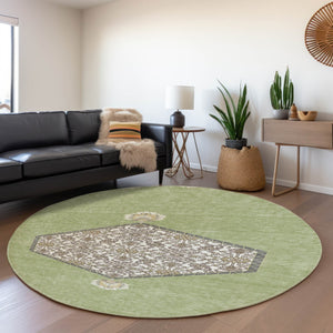 HomeRoots 8' Artichoke Green Beige and Gray Washable Round Rug - Stylish, Durable, and UV-Protected Design! 679321