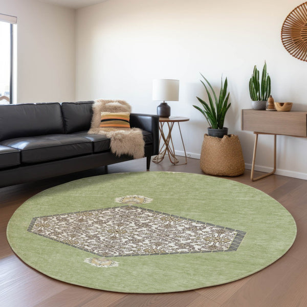 HomeRoots 8' Artichoke Green Beige and Gray Washable Round Rug - Stylish, Durable, and UV-Protected Design! 679321