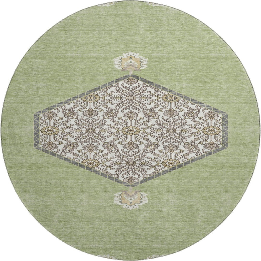 HomeRoots 8' Artichoke Green Beige and Gray Washable Round Rug - Stylish, Durable, and UV-Protected Design! 679321