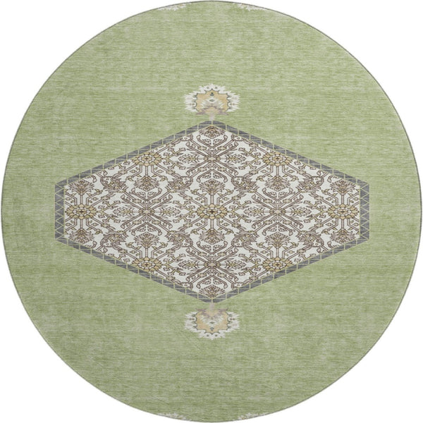 HomeRoots 8' Artichoke Green Beige and Gray Washable Round Rug - Stylish, Durable, and UV-Protected Design! 679321