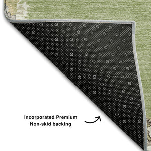 HomeRoots 8' Artichoke Green Beige and Gray Washable Round Rug - Stylish, Durable, and UV-Protected Design! 679321