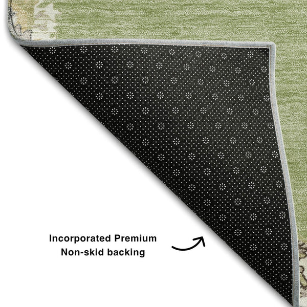 HomeRoots 8' Artichoke Green Beige and Gray Washable Round Rug - Stylish, Durable, and UV-Protected Design! 679321