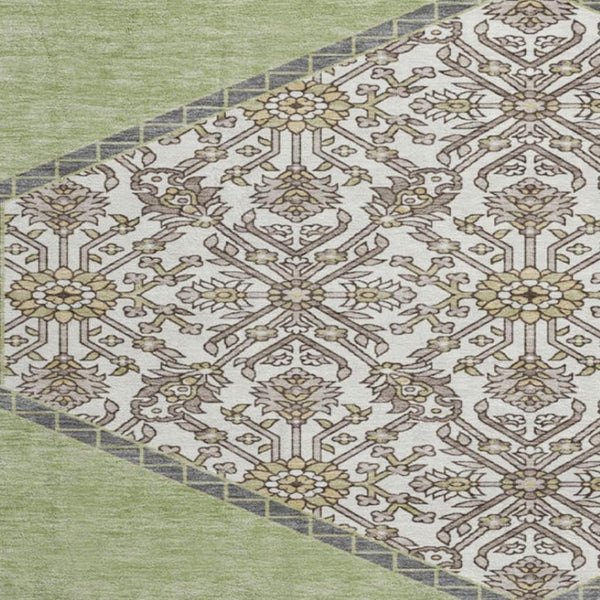 HomeRoots 8' Artichoke Green Beige and Gray Washable Round Rug - Stylish, Durable, and UV-Protected Design! 679321