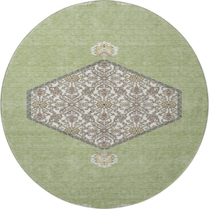 HomeRoots 8' Artichoke Green Beige and Gray Washable Round Rug - Stylish, Durable, and UV-Protected Design! 679321