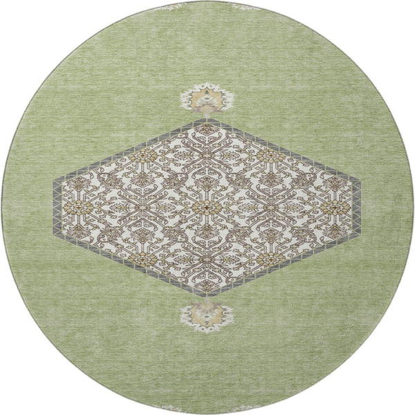 HomeRoots 8' Artichoke Green Beige and Gray Washable Round Rug - Stylish, Durable, and UV-Protected Design! 679321