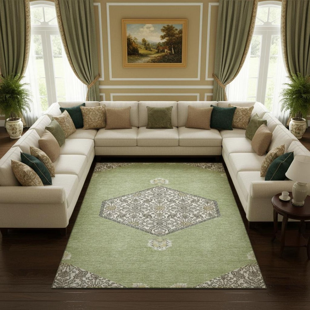 HomeRoots 8' X 10' Artichoke Green, Beige & Gray Washable Oriental Area Rug with UV Protection & Stain Resistance 679322