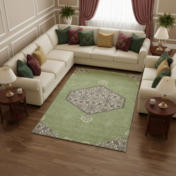 HomeRoots 9' X 12' Artichoke Green Beige Gray Oriental Rug - Washable, UV Protected, Pet & Kid Friendly Design 679323
