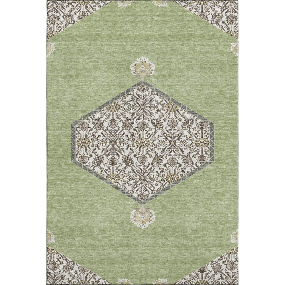 HomeRoots 9' X 12' Artichoke Green Beige Gray Oriental Rug - Washable, UV Protected, Pet & Kid Friendly Design 679323