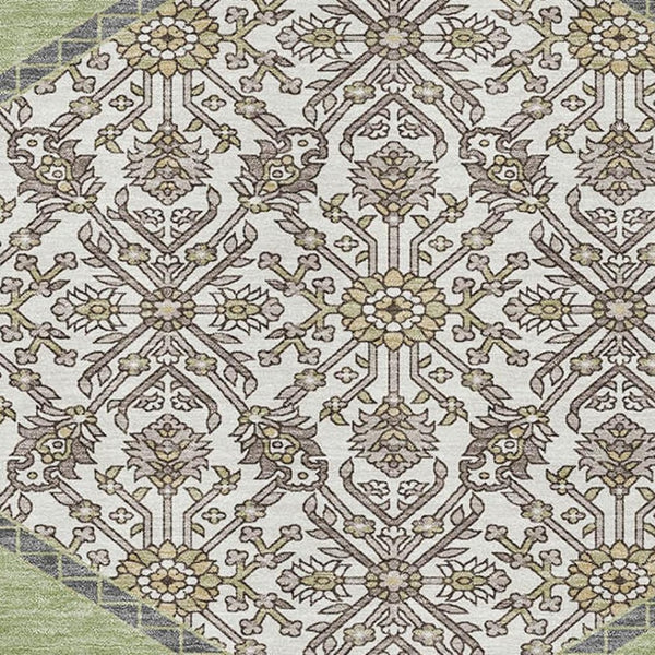 HomeRoots 9' X 12' Artichoke Green Beige Gray Oriental Rug - Washable, UV Protected, Pet & Kid Friendly Design 679323