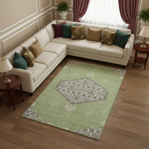 HomeRoots 10' X 14' Artichoke Green Beige Gray Area Rug – Washable, UV-Protected, Ideal for Busy Homes 679324