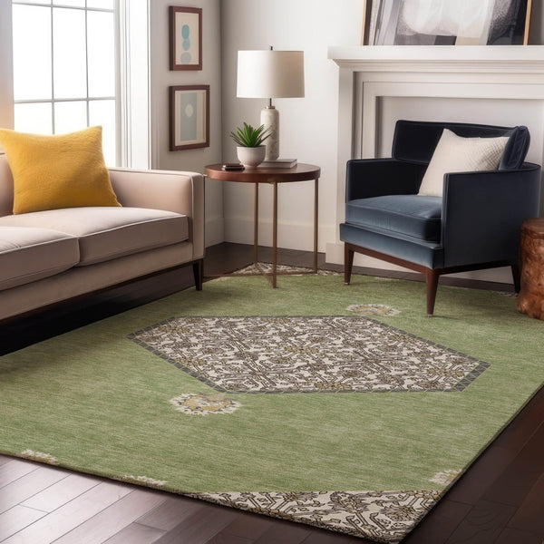 HomeRoots 10' X 14' Artichoke Green Beige Gray Area Rug – Washable, UV-Protected, Ideal for Busy Homes 679324