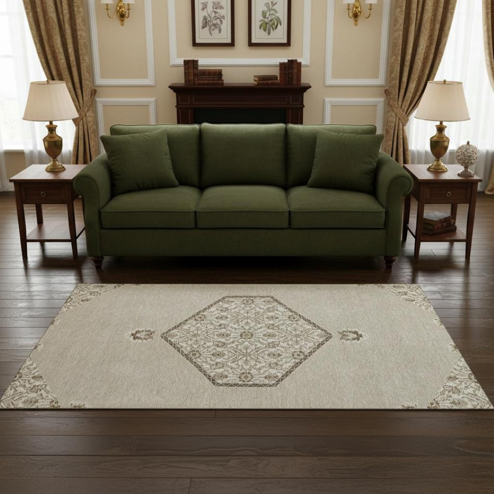HomeRoots 5' X 8' Beige Ivory Brown Oriental Washable Area Rug with UV Protection for Busy Households 679326