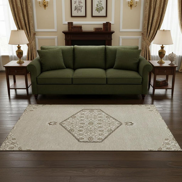 HomeRoots 5' X 8' Beige Ivory Brown Oriental Washable Area Rug with UV Protection for Busy Households 679326