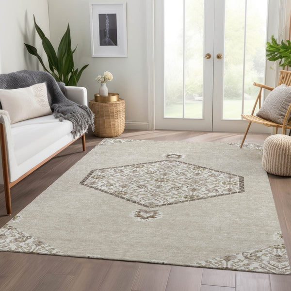 HomeRoots 5' X 8' Beige Ivory Brown Oriental Washable Area Rug with UV Protection for Busy Households 679326