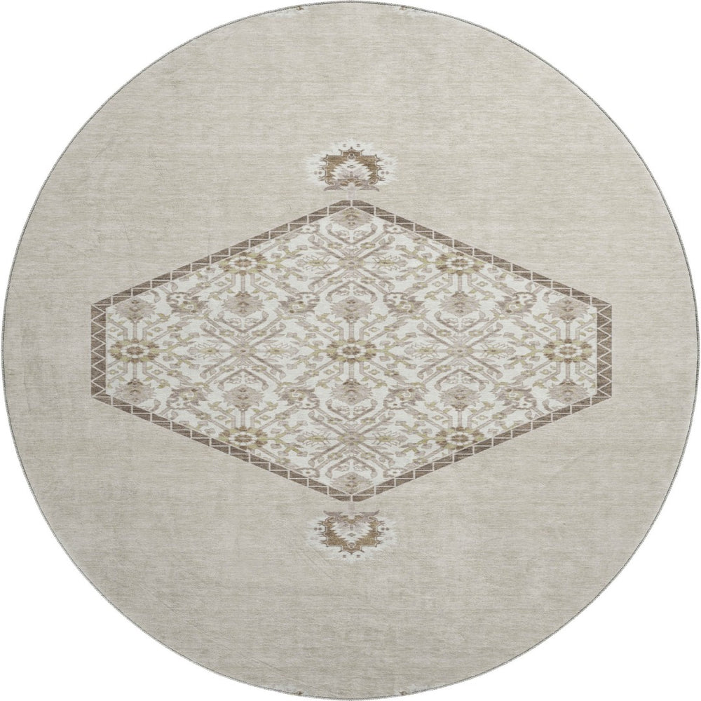 HomeRoots 8' Beige Ivory and Brown Oriental Round Rug - Washable, UV Protected, Perfect for Busy Homes 679327