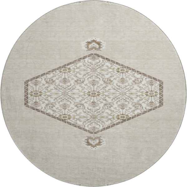 HomeRoots 8' Beige Ivory and Brown Oriental Round Rug - Washable, UV Protected, Perfect for Busy Homes 679327