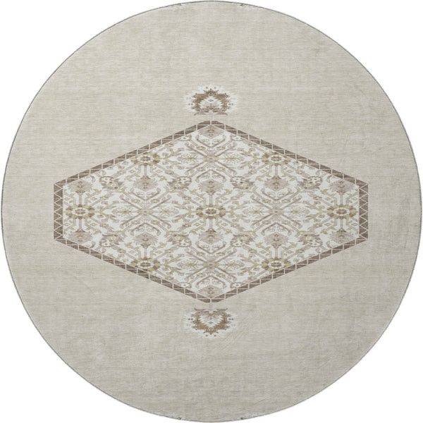 HomeRoots 8' Beige Ivory and Brown Oriental Round Rug - Washable, UV Protected, Perfect for Busy Homes 679327