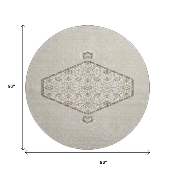 HomeRoots 8' Beige Ivory and Brown Oriental Round Rug - Washable, UV Protected, Perfect for Busy Homes 679327