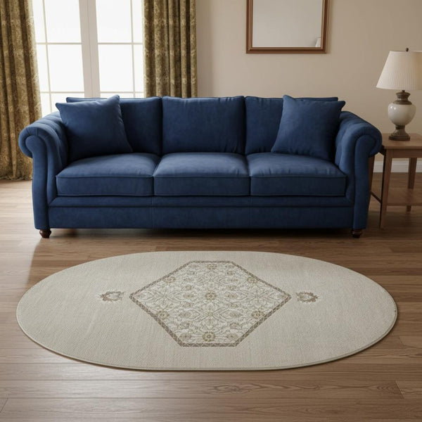 HomeRoots 8' Beige Ivory and Brown Oriental Round Rug - Washable, UV Protected, Perfect for Busy Homes 679327