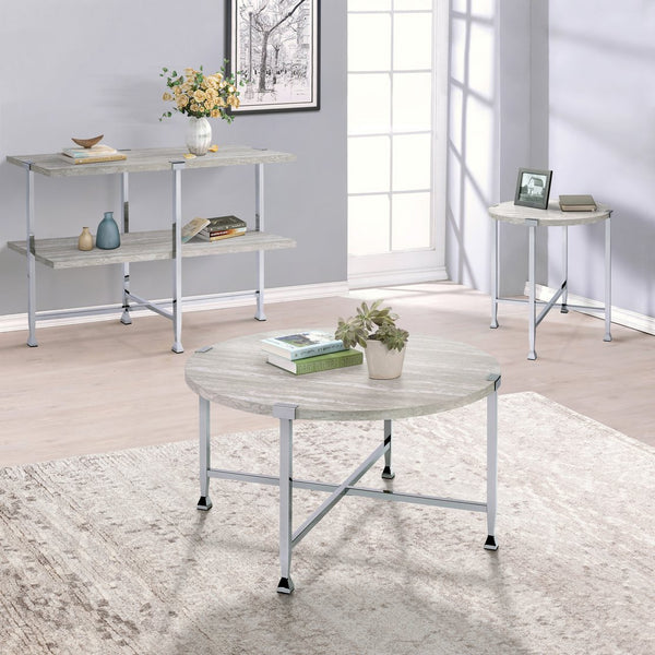 English Elm White Oak and Chrome Contemporary Sofa Table with Shelf, Metal Tube Legs, Durable Veneer Surface B062P186475