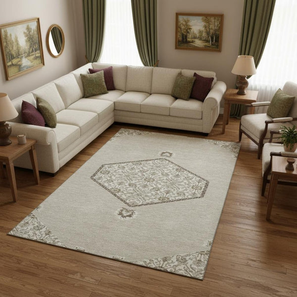 HomeRoots 9' X 12' Stylish Beige, Ivory & Brown Oriental Washable Area Rug - UV Protection & Stain Resistant! 679329