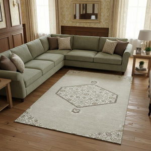 HomeRoots 10' X 14' Beige Ivory Brown Oriental Area Rug – Stylish, Washable, UV Protected for Busy Homes! 679330