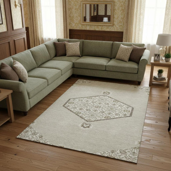 HomeRoots 10' X 14' Beige Ivory Brown Oriental Area Rug – Stylish, Washable, UV Protected for Busy Homes! 679330