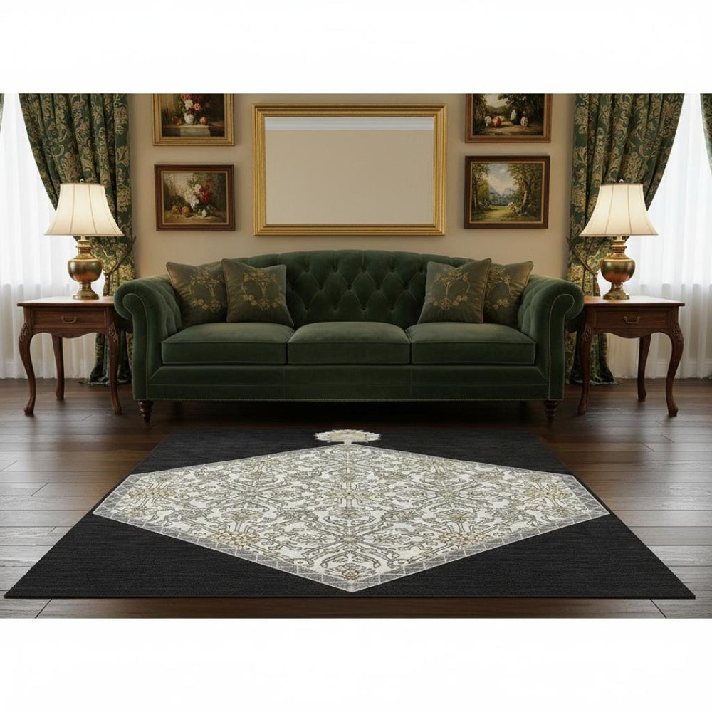 HomeRoots 5' X 8' Elegant Black Ivory Gold Oriental Washable Rug with UV Protection for Homes with Kids & Pets 679332