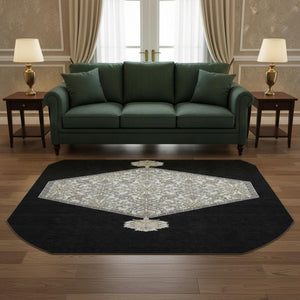 HomeRoots 8' Elegant Black Ivory & Gold Oriental Washable Round Rug with Stain Resistance & UV Protection 679333