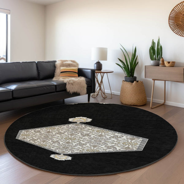 HomeRoots 8' Elegant Black Ivory & Gold Oriental Washable Round Rug with Stain Resistance & UV Protection 679333