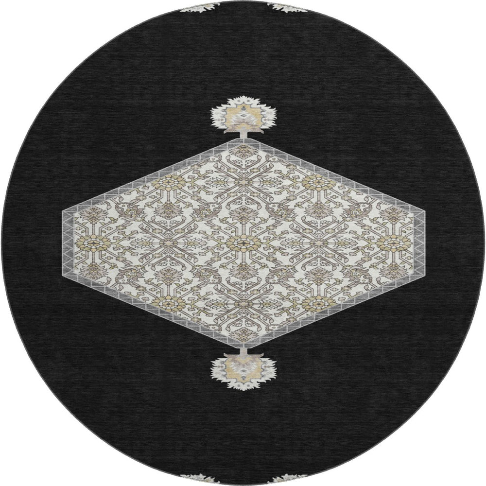 HomeRoots 8' Elegant Black Ivory & Gold Oriental Washable Round Rug with Stain Resistance & UV Protection 679333